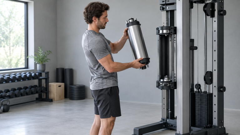 Man in gray shirt holding stainless steel part in modern gym near weight machine