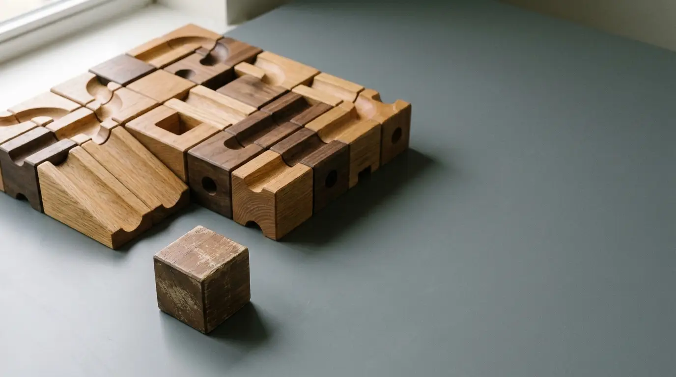 Wooden puzzle pieces on gray table with natural light through window