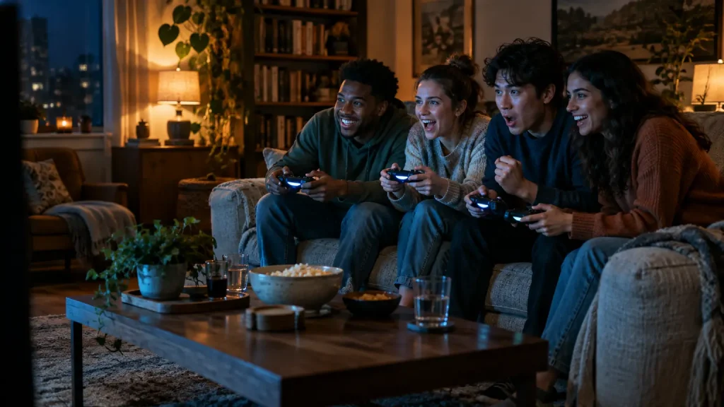 Friends playing video games on a cozy couch in dimly lit living room