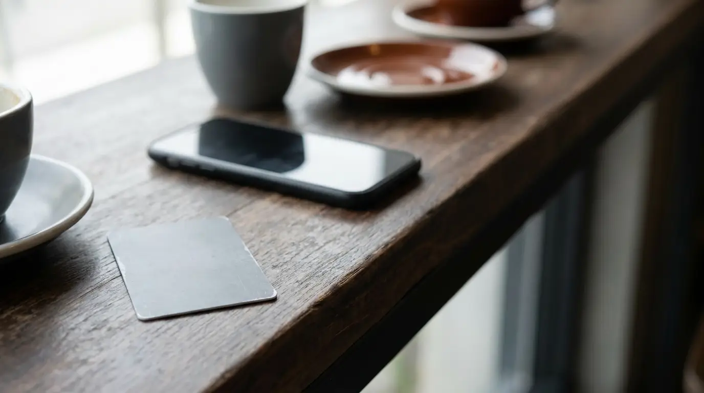 Smartphone and card on rustic wooden countertop with coffee cups and saucers in soft light