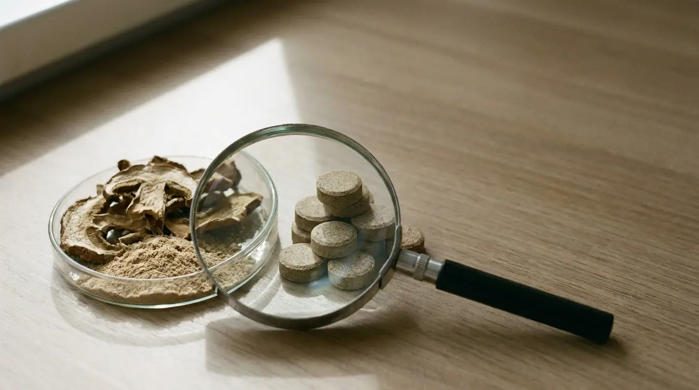 Mushroom powders and supplement tablets on wooden table with magnifying glass