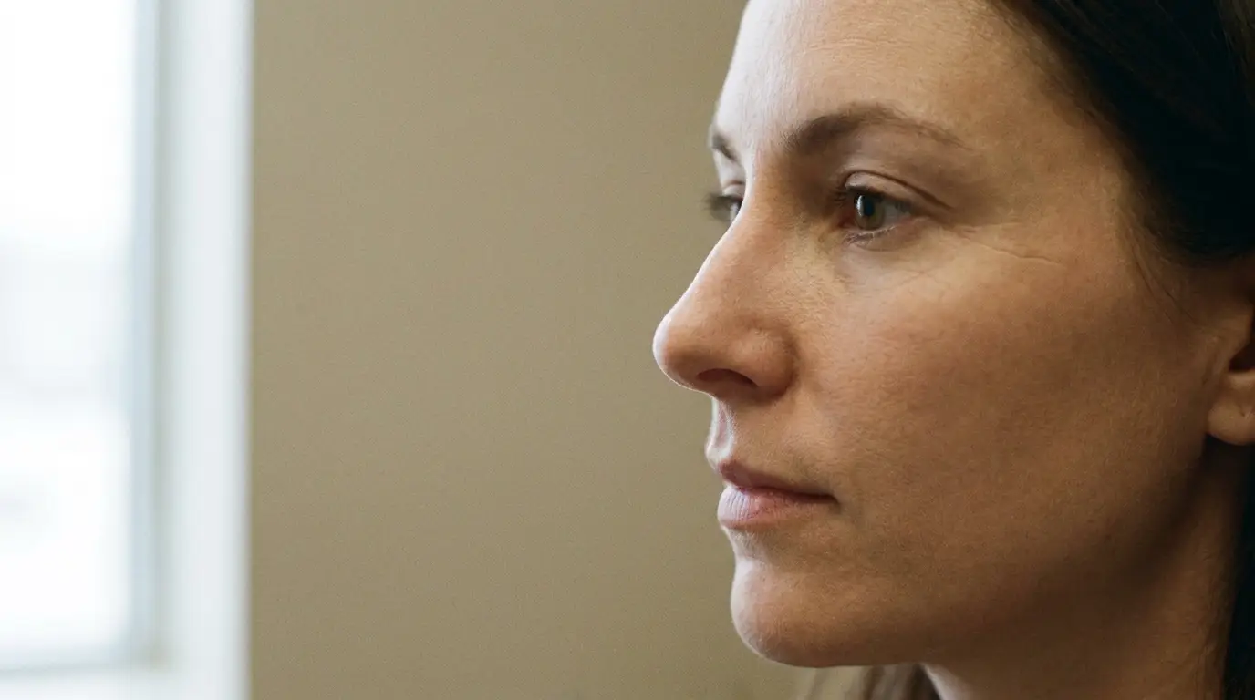 Close-up of a thoughtful woman gazing sideways in softly lit indoor setting