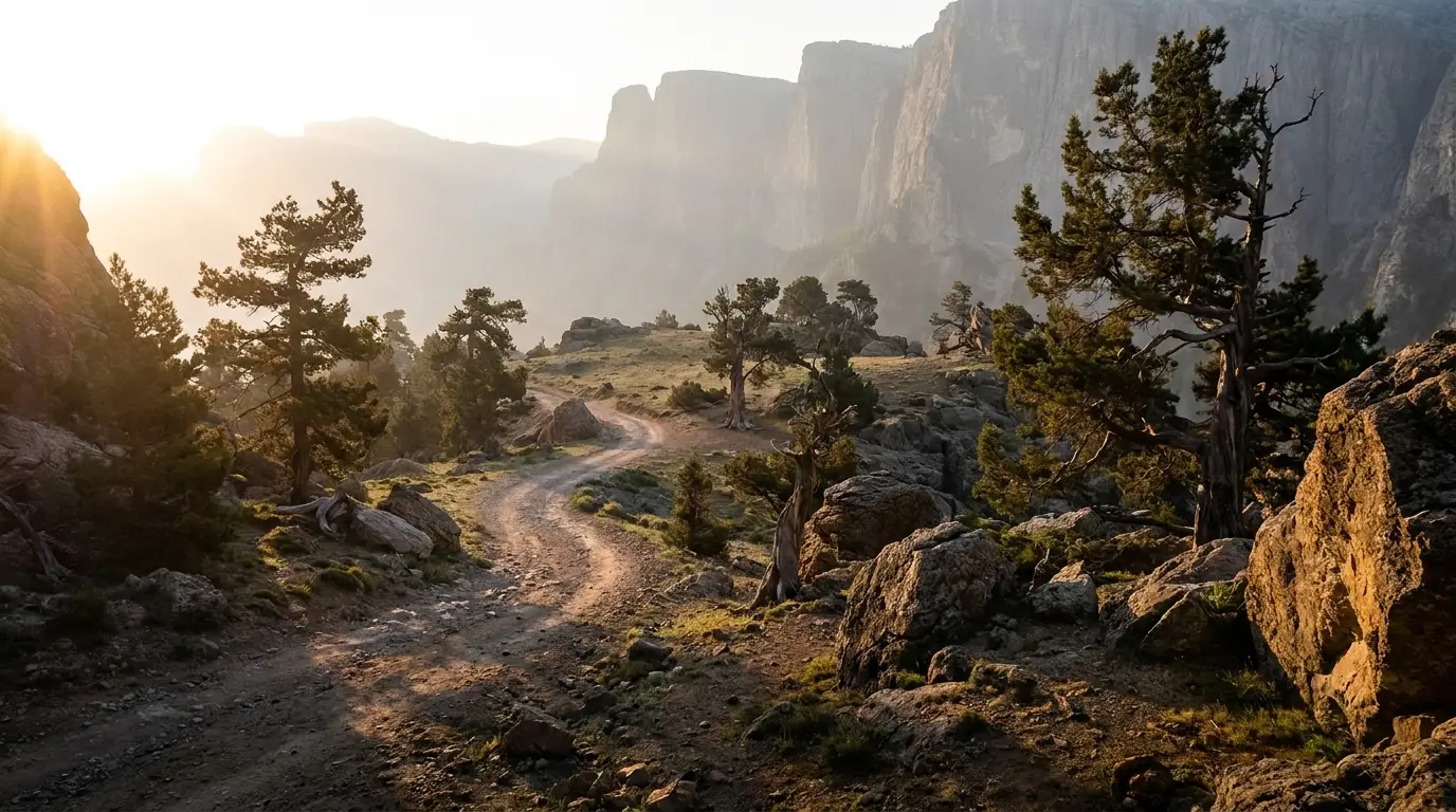 Mountain trail winding through pine trees under warm sunrise light