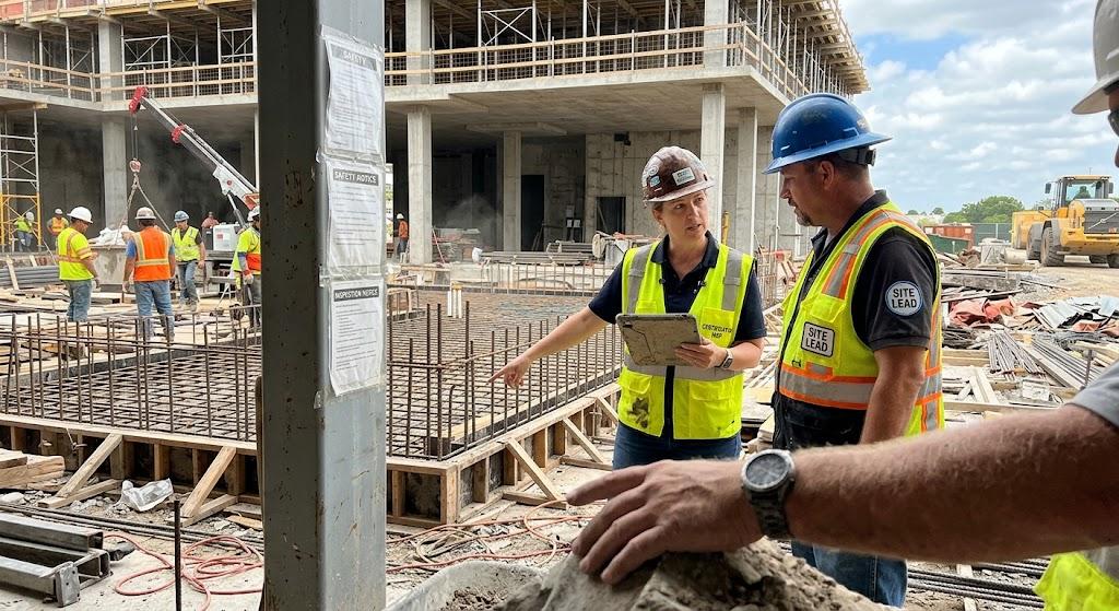 Construction site with workers in safety vests and helmets, discussing plans with tablet in hand
