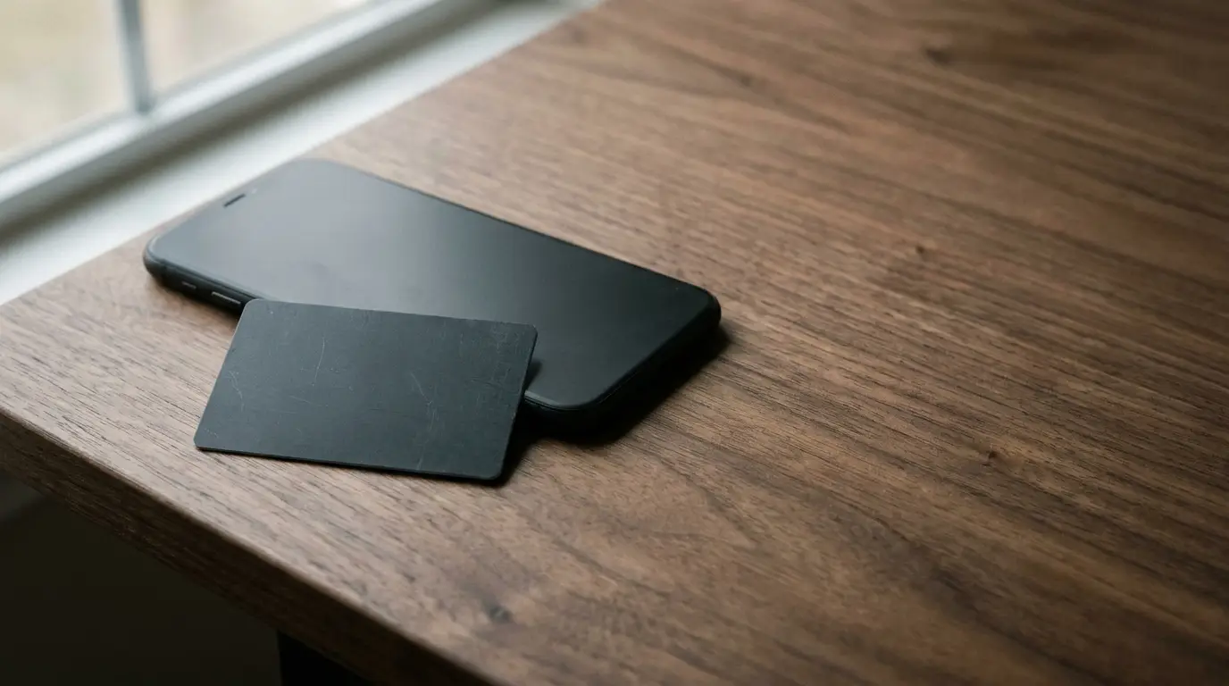Plain payment card and face-down smartphone on a wooden desk lit by soft window light