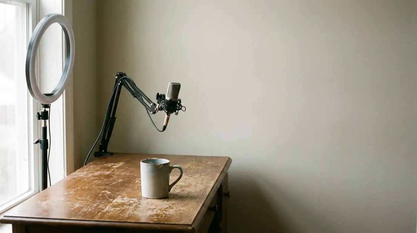 Microphone on arm stand and ring light on wooden desk in soft natural light