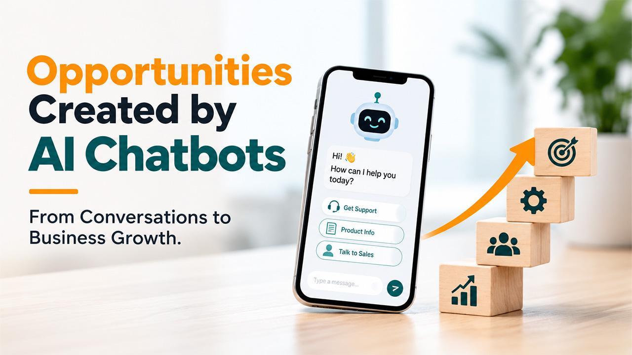 Smartphone displaying chatbot interface beside wooden blocks with business icons