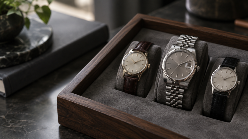 Luxury watches in wooden display case on marble surface with decorative plant nearby