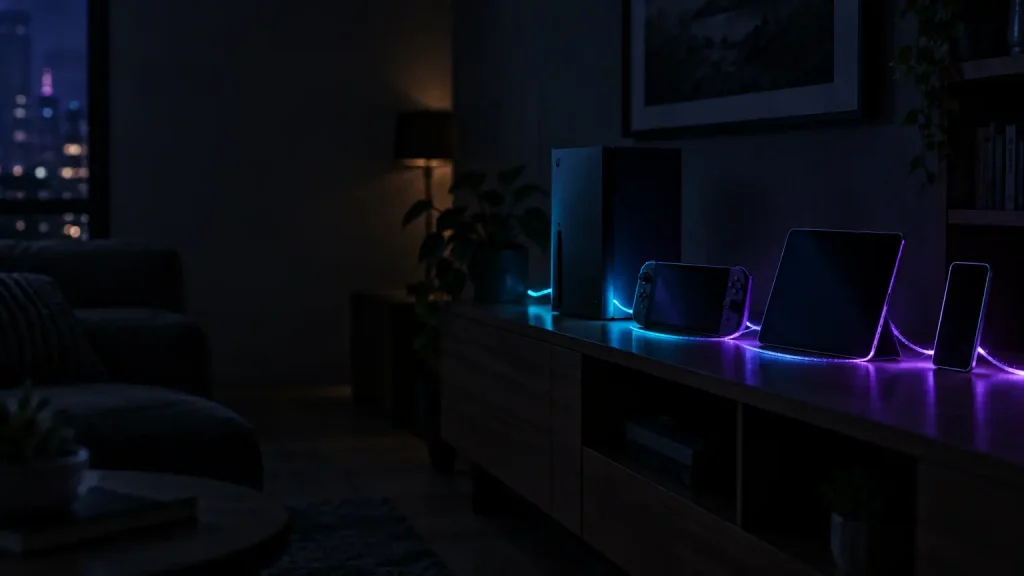 Gaming console, tablet, and smartphone glowing with LED lights in dimly lit living room