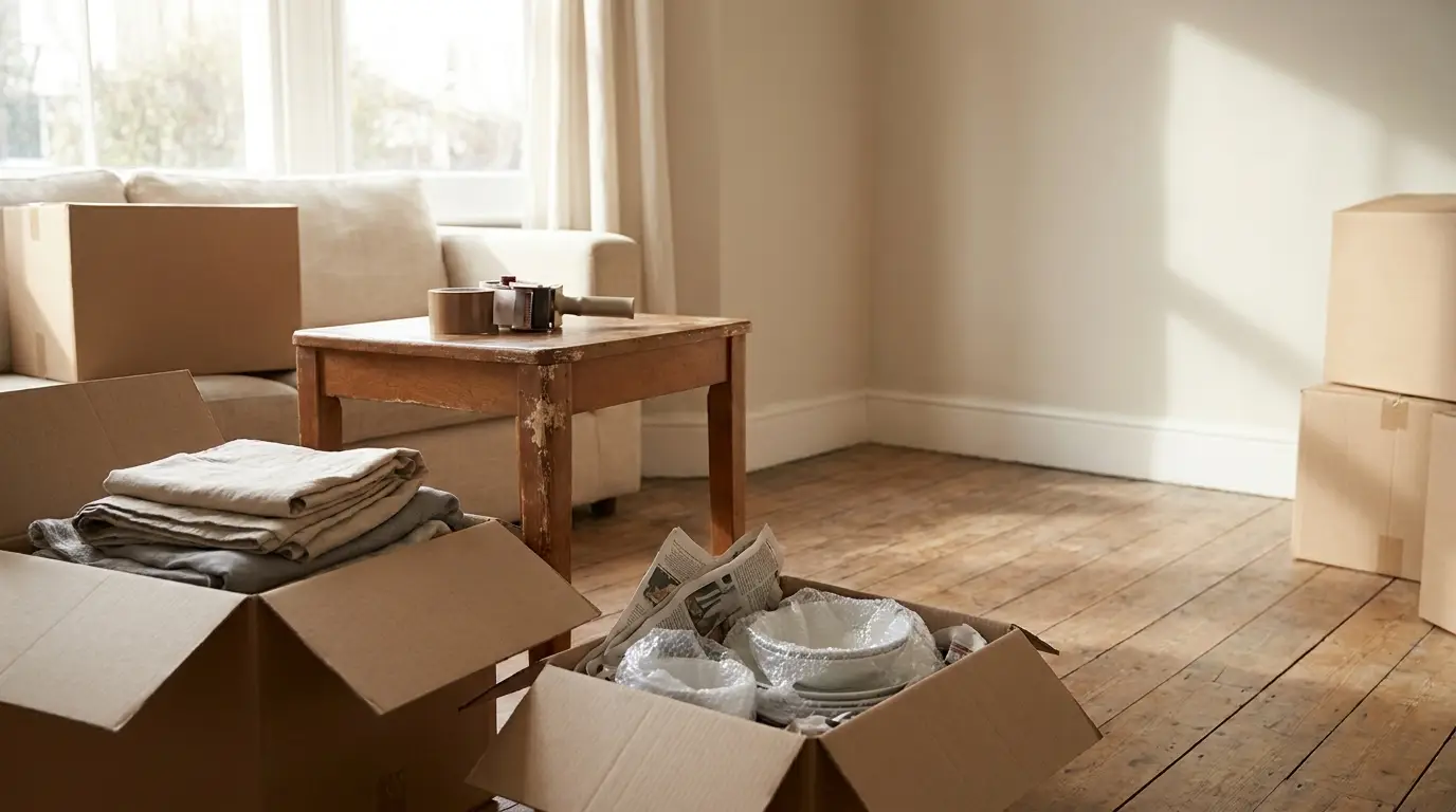 Cardboard boxes and packing materials in sunny living room with wooden floor and small table