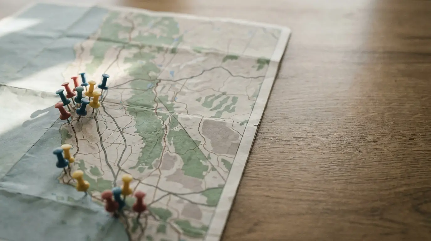Map on wooden table with colorful push pins marking locations under soft lighting