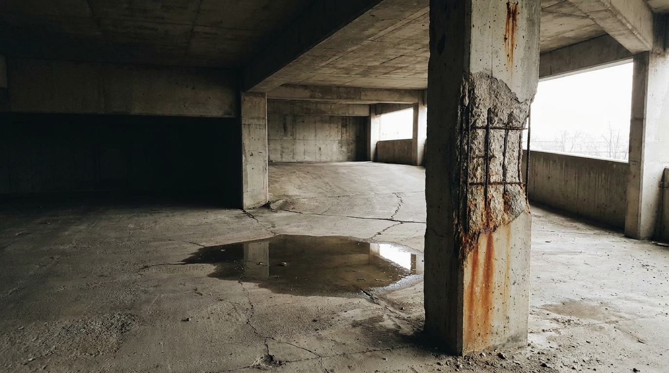 Abandoned concrete parking garage with cracked floors and rust-stained columns