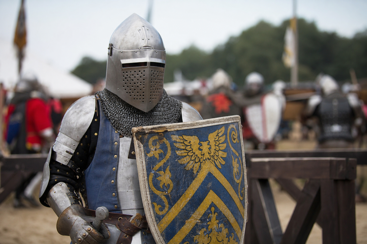 Knight in full armor holding a decorated shield at an outdoor medieval reenactment event