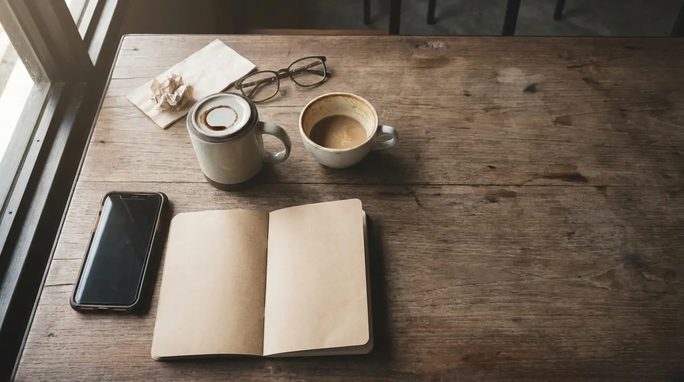 Open notebook, smartphone, and coffee mugs on rustic wooden table near window