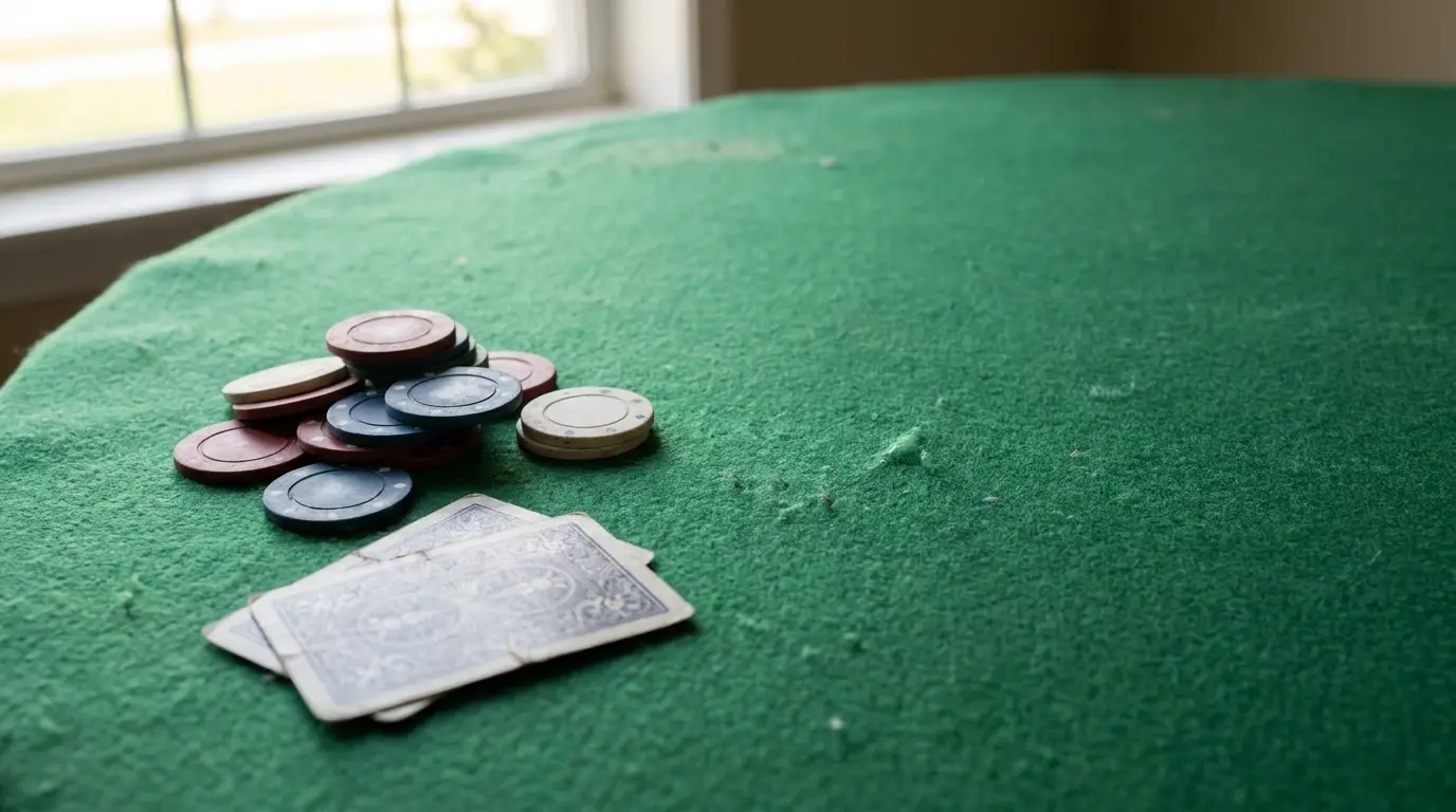 Poker chips and playing cards on green felt table near window