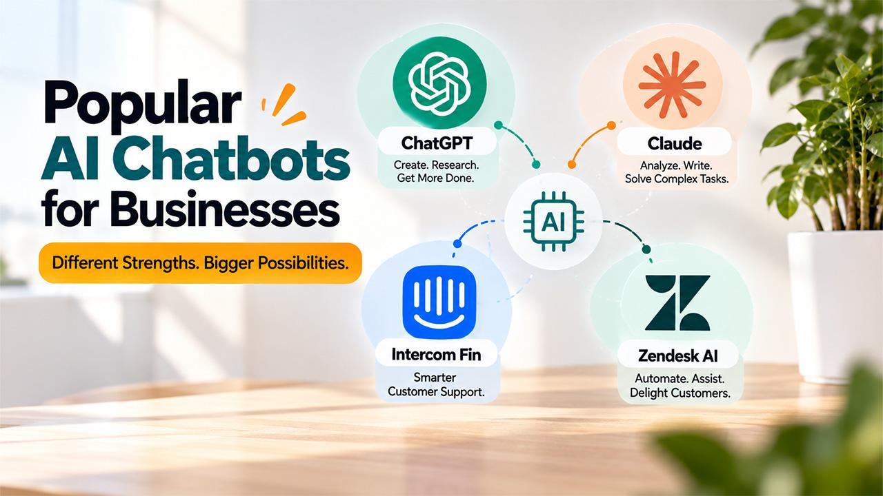 Colorful infographic depicting AI chatbot options with plant and sunlight in modern workspace