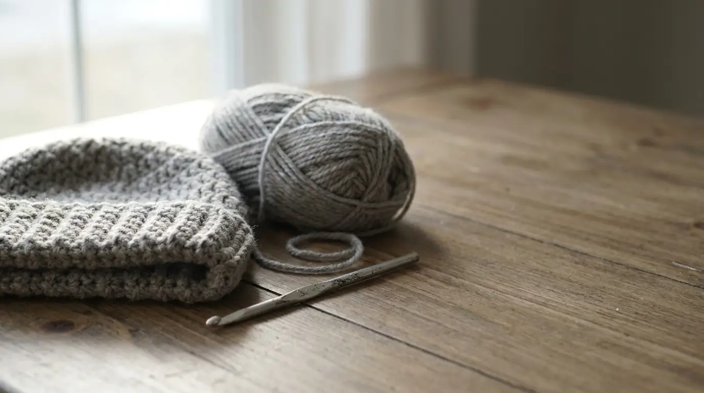 Gray crocheted hat and yarn ball with crochet hook on wooden table