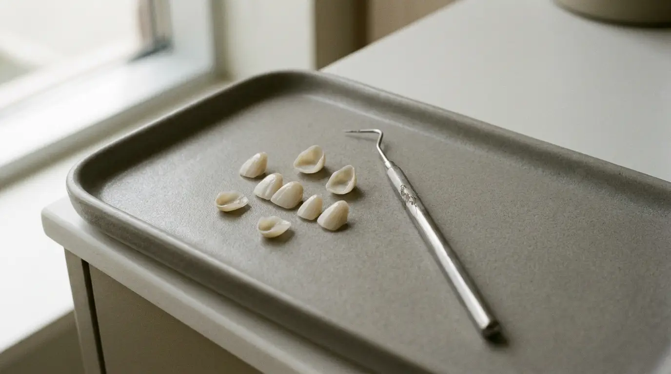 Dental veneers and dental tool on a tray in a clinical setting
