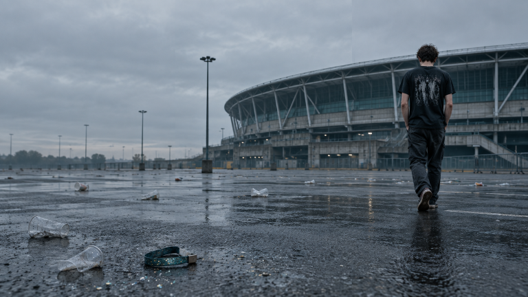 Man walking away in empty parking lot with littered ground near large stadium under cloudy sky