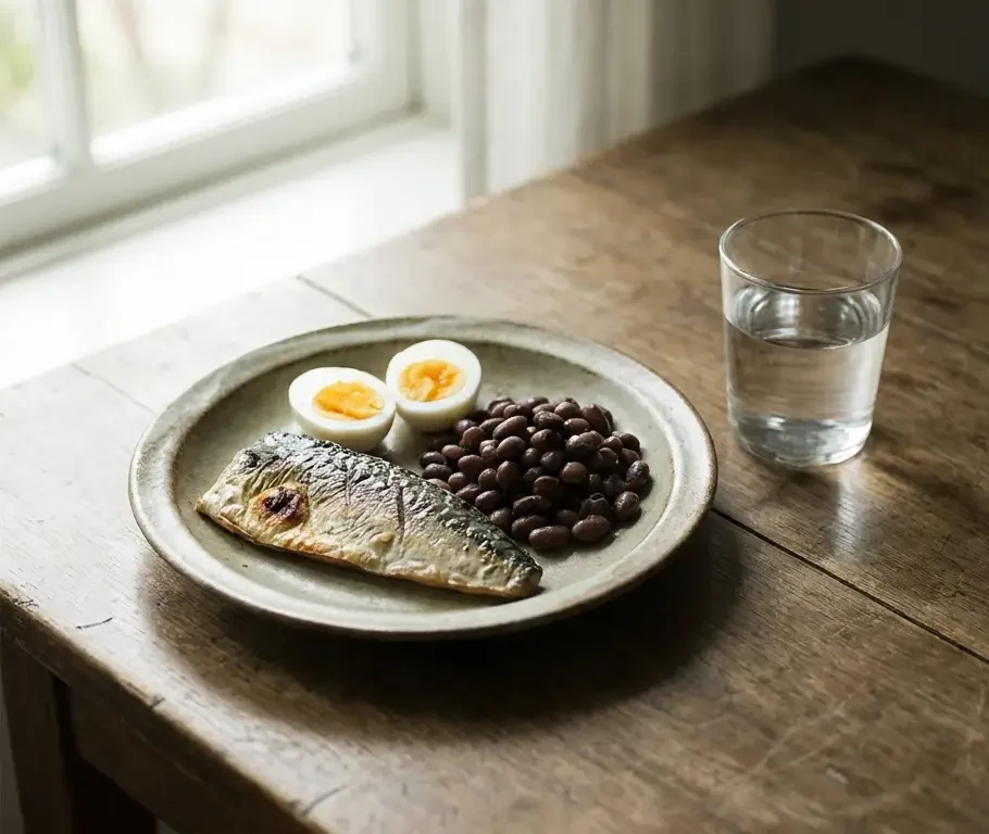 Grilled fish, boiled egg, and beans on plate beside water glass on wooden table