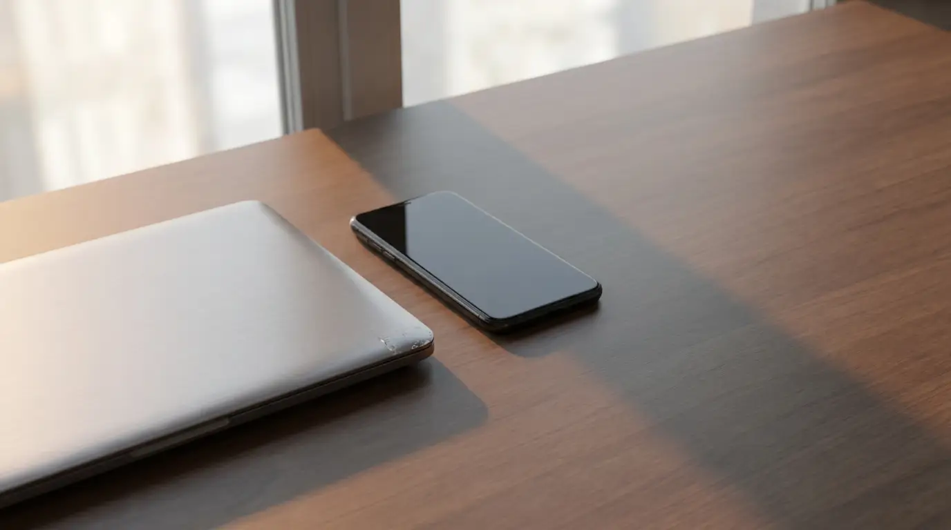 Laptop and smartphone on wooden desk in natural daylight office setting