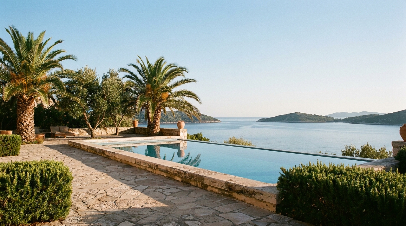Infinity pool overlooking ocean with palm trees and stone patio in a tropical setting