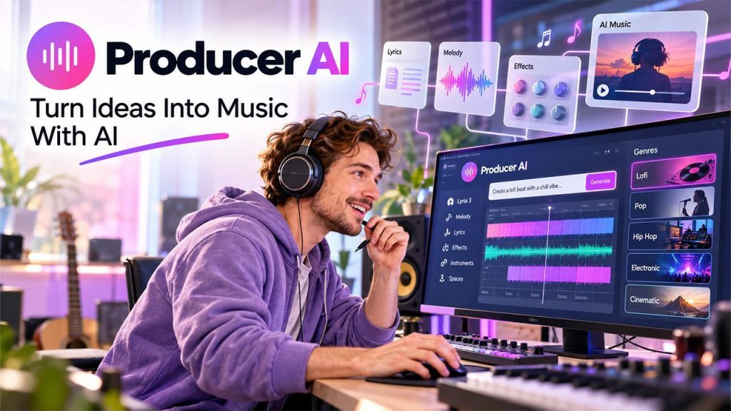 Person using music production software on computer with headphones in bright studio setting