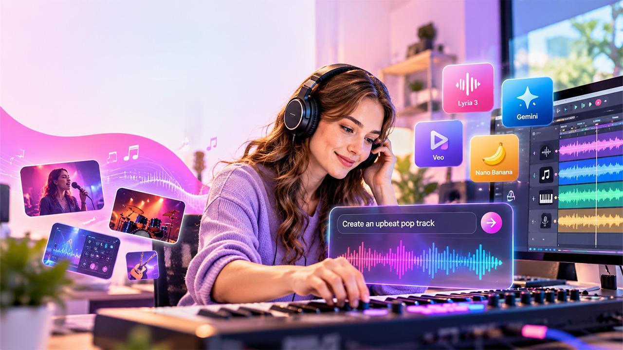 Woman composing music on digital workstation with colorful music icons floating around her