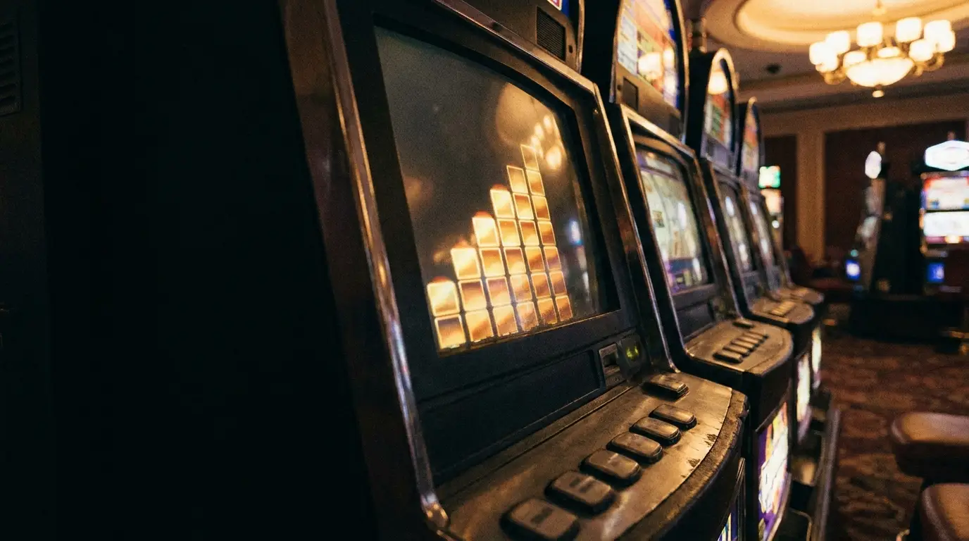 Row of vintage slot machines in dimly lit casino with ornate lighting fixtures