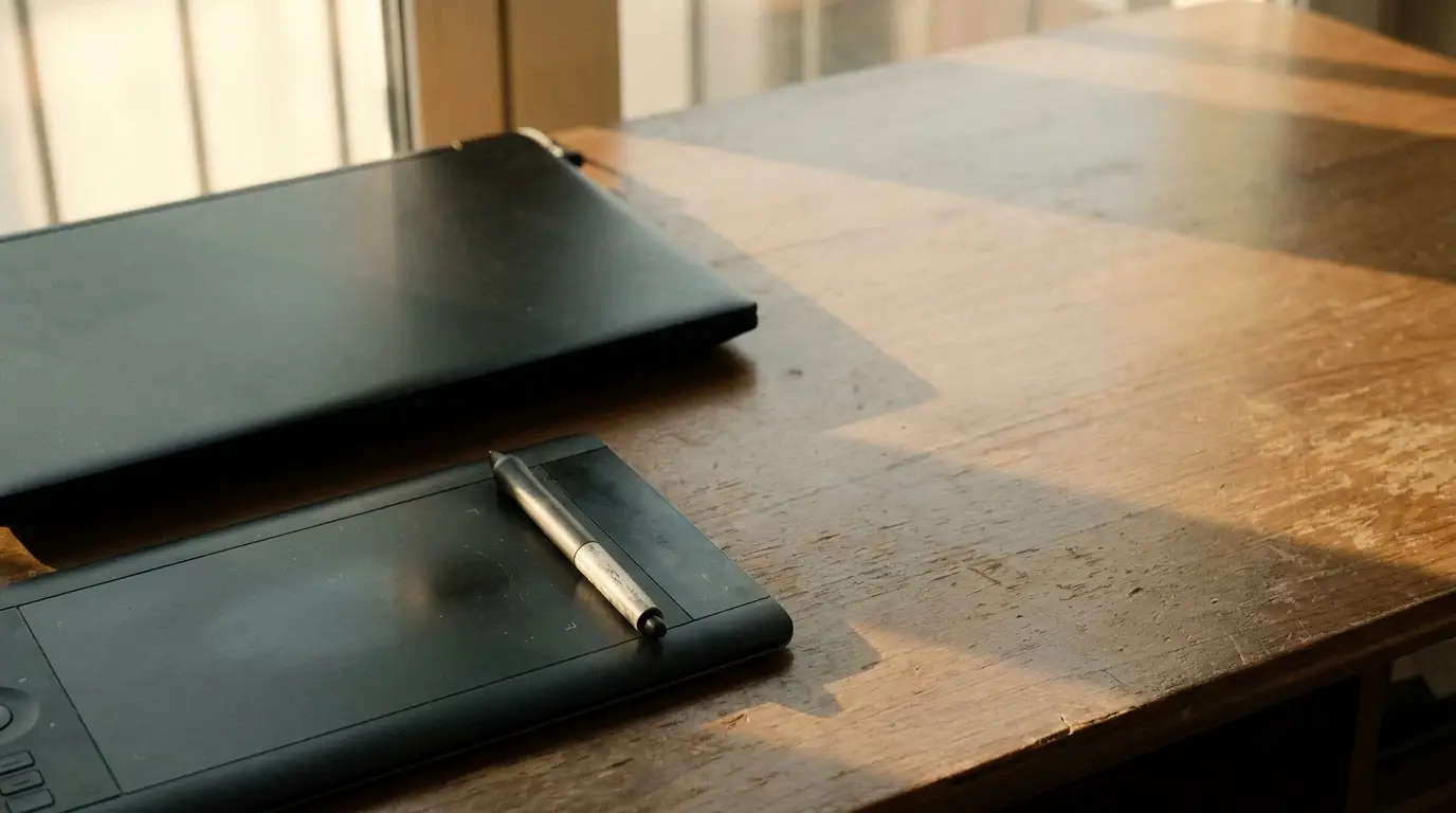 Digital drawing tablet with pen on wooden desk in warm natural light