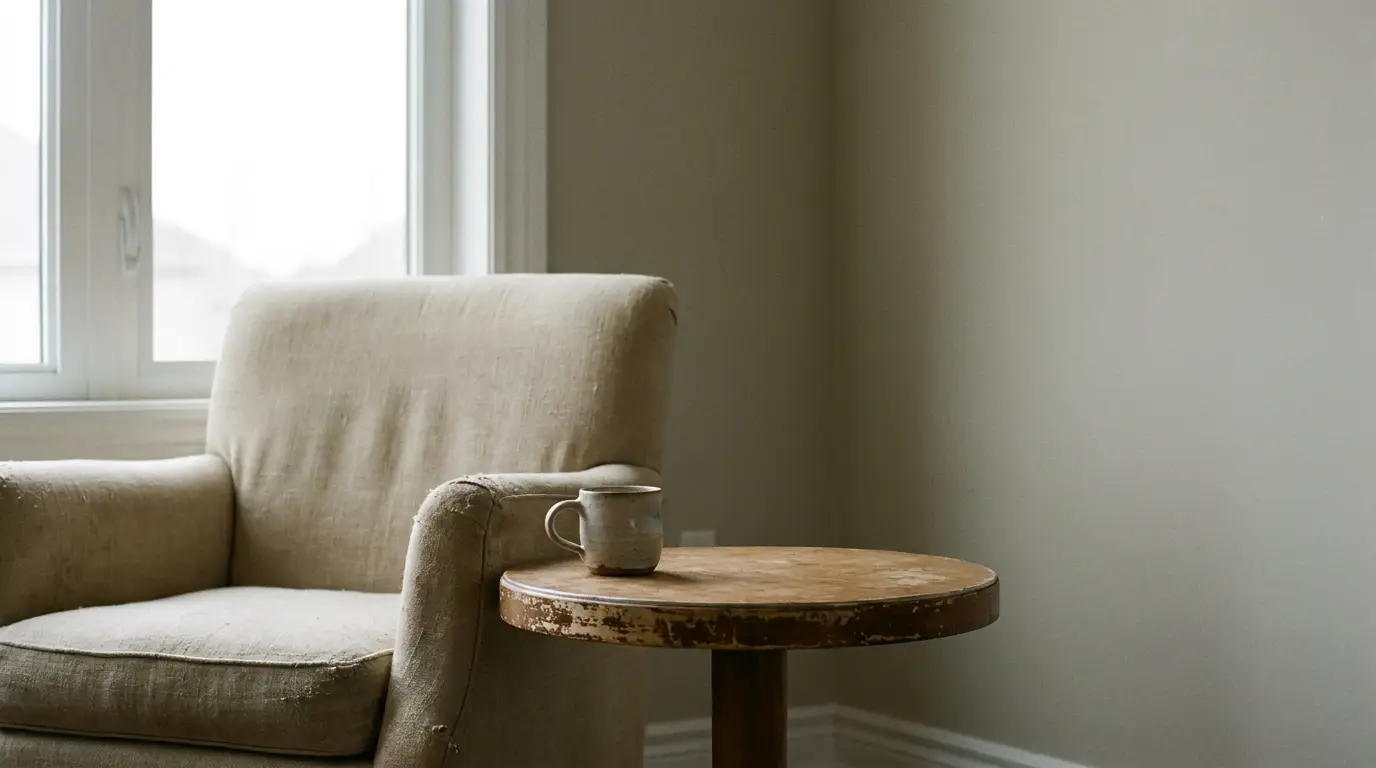 Worn linen armchair beside a wooden side table with a plain ceramic mug in soft daylight