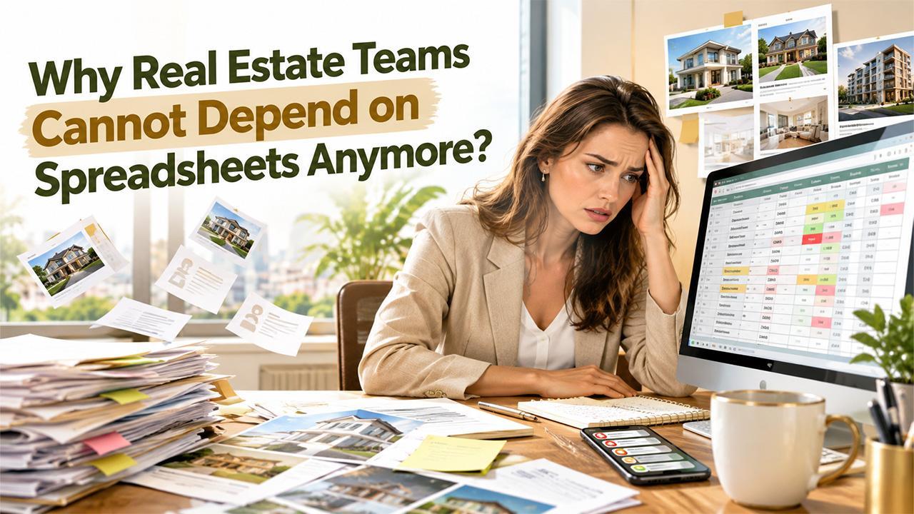 Frustrated woman at desk with spreadsheets on computer in a cluttered office setting
