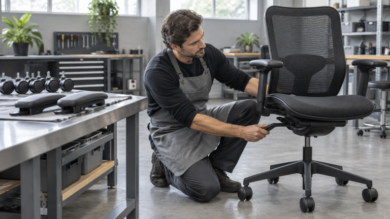 Man adjusting office chair mechanism in a workshop with tools and plants nearby