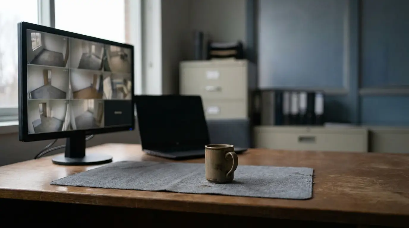 Computer monitor displaying security footage on wooden desk with coffee mug in office setting