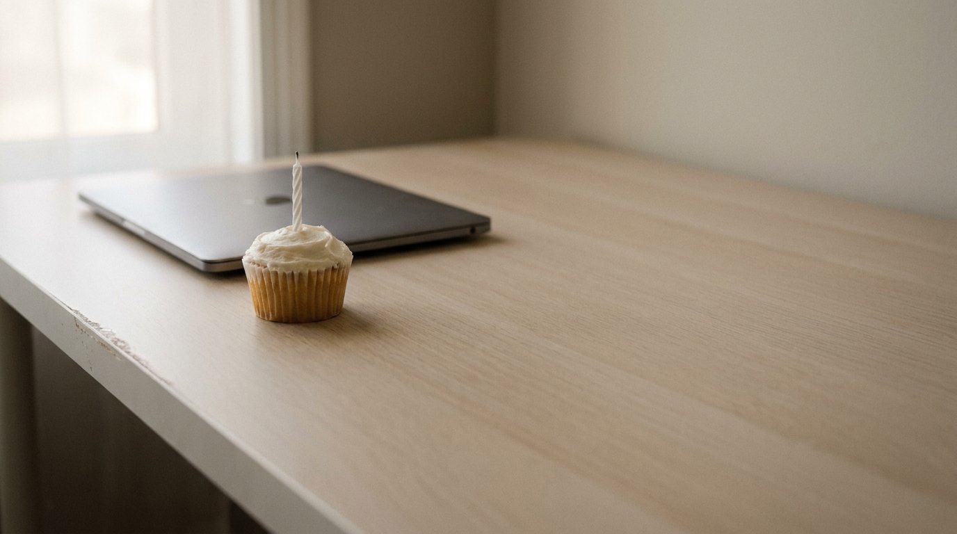 Cupcake with candle beside closed laptop on light wooden desk in natural light