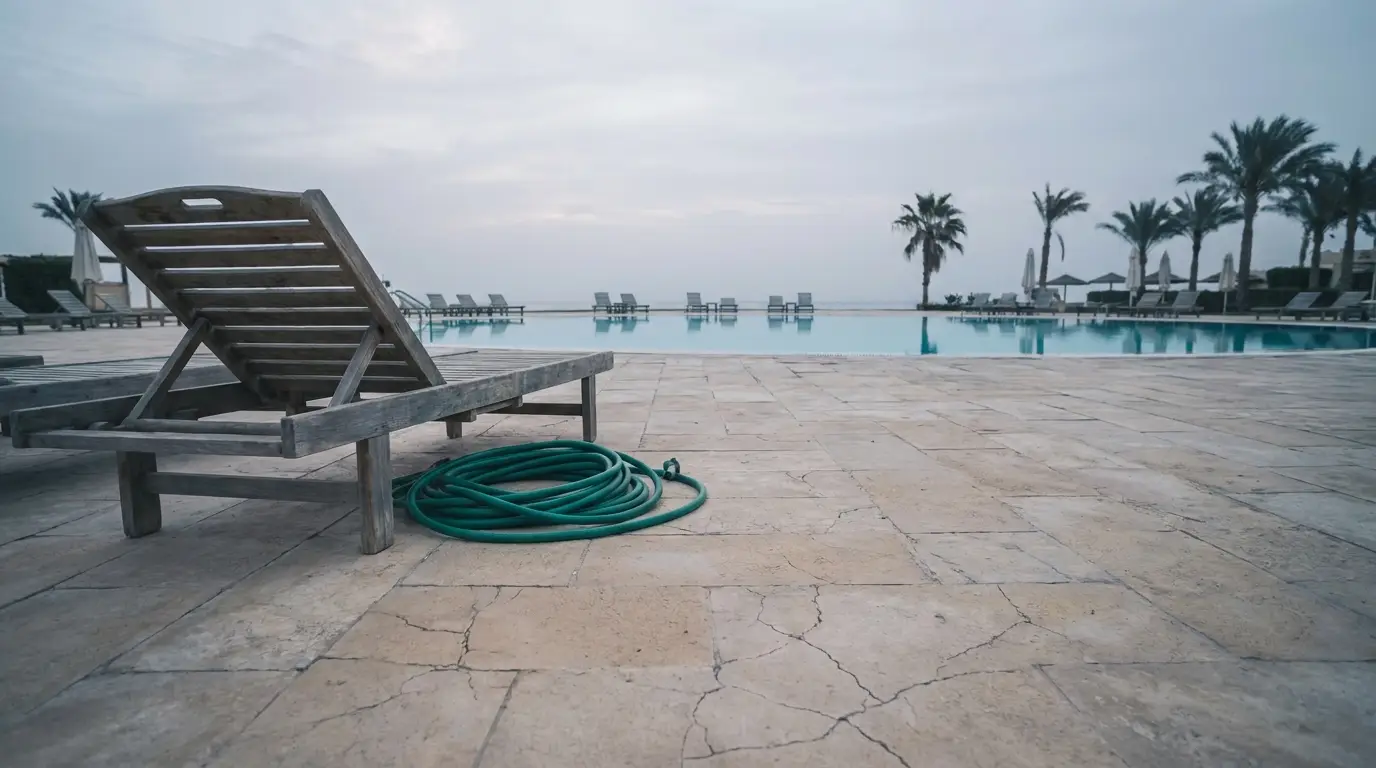 Wooden lounge chair and coiled green hose by empty swimming pool with palm trees