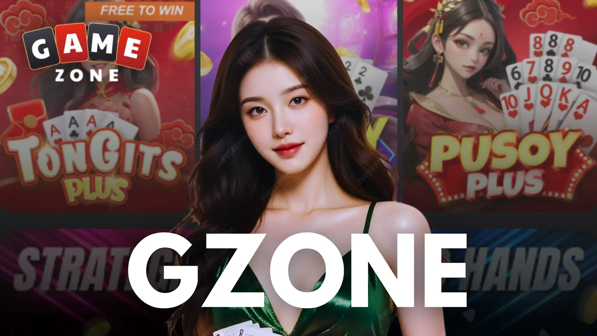 Young woman in green dress holding playing cards against casino-themed backdrop