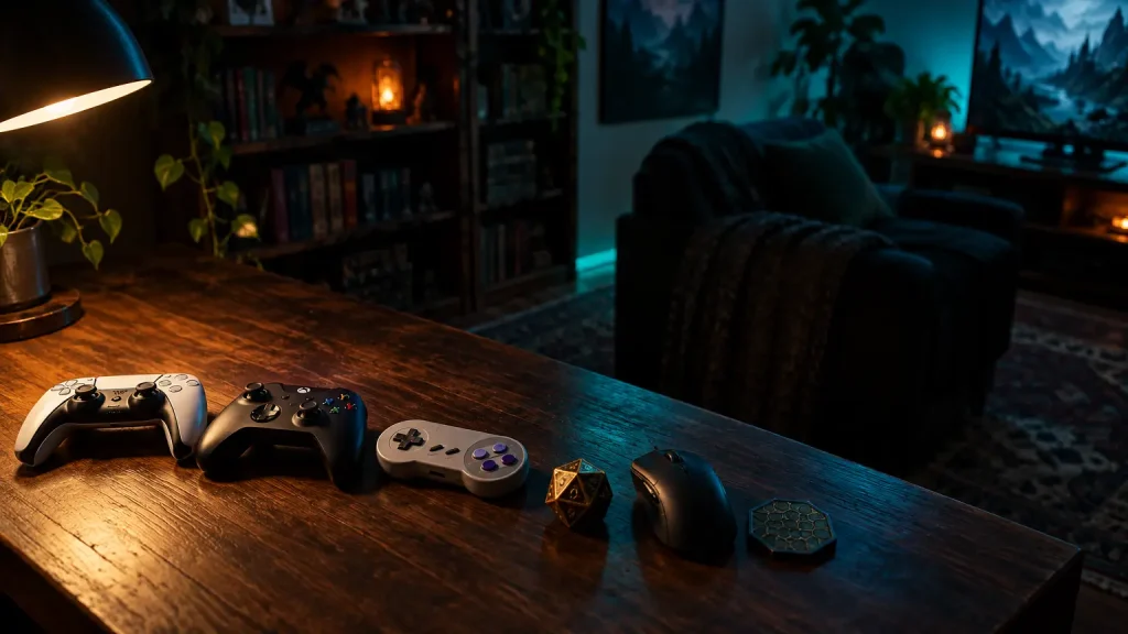 Video game controllers on wooden table in dimly lit living room with gaming setup