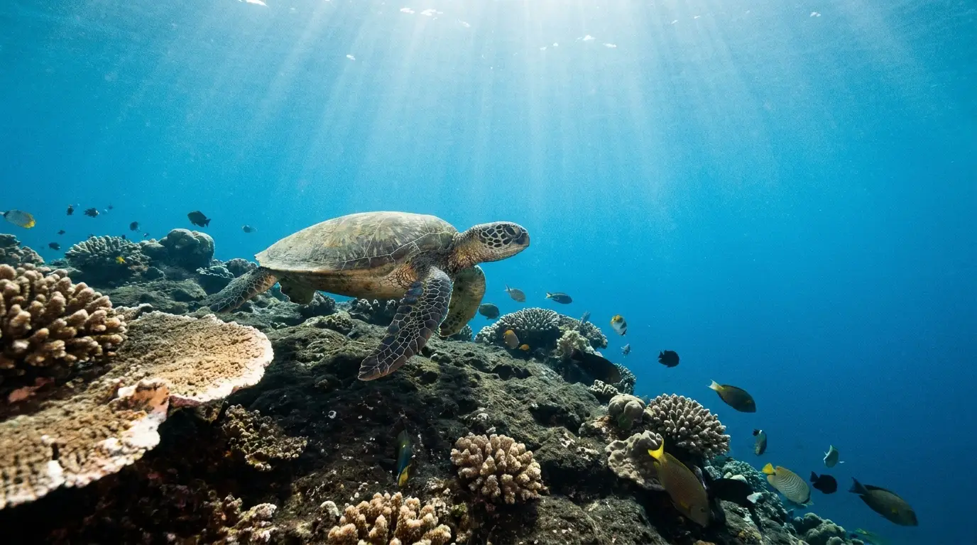 Sea turtle swimming over coral reef with fish in clear blue ocean water