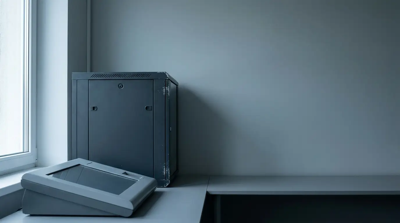 Scanner on a gray desk beside a server cabinet in an office room