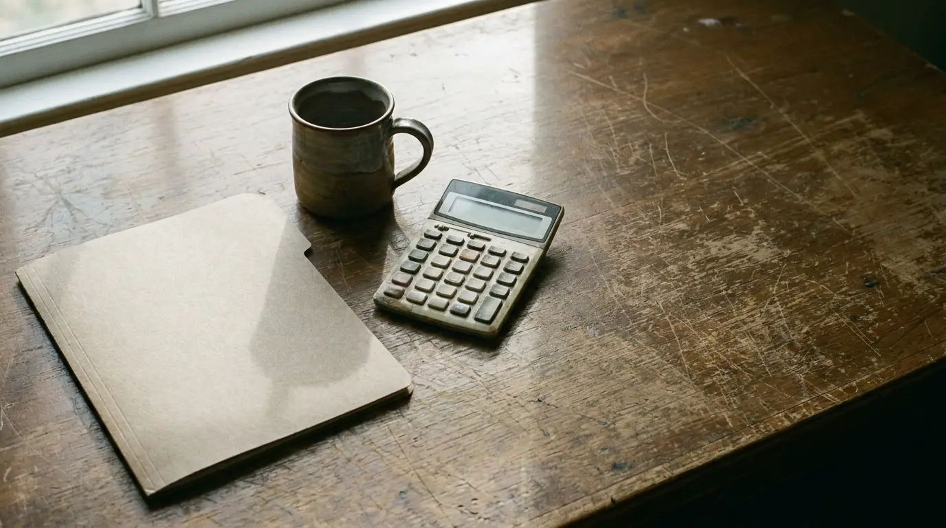 Calculator, mug, and folder on a rustic wooden desk near window light