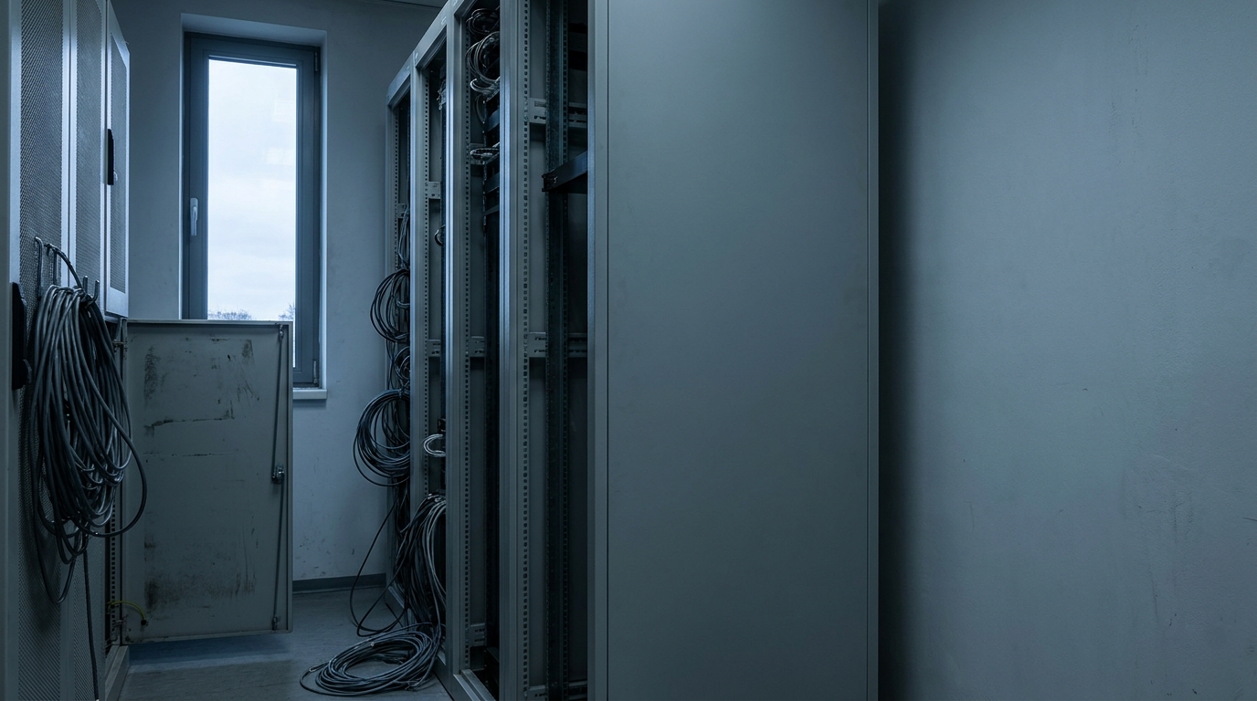 Dimly lit server room with network cables and tall metal cabinets