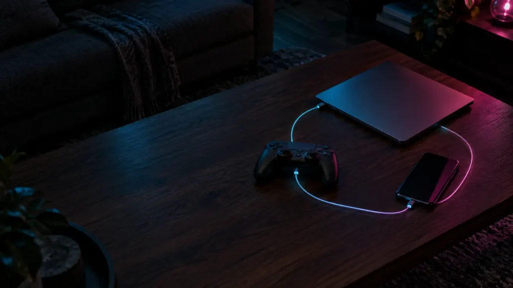 Gaming controller, laptop, and smartphone connected by glowing cable on wooden coffee table in dark living room