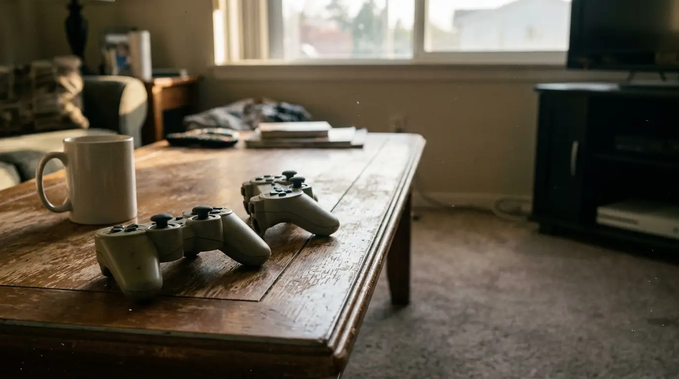 Game controllers on wooden coffee table in cozy living room with natural light