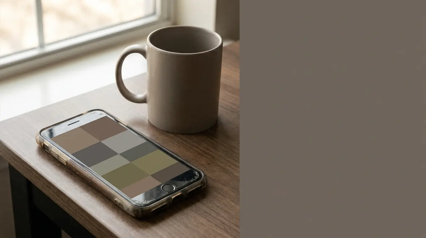 Smartphone on wooden desk displaying an abstract grid of muted tiles beside a plain ceramic mug