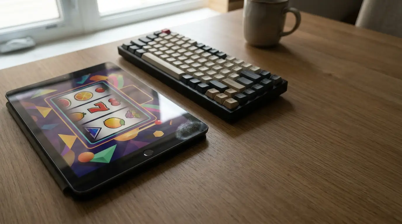 Tablet with colorful fruit game next to mechanical keyboard on wooden desk