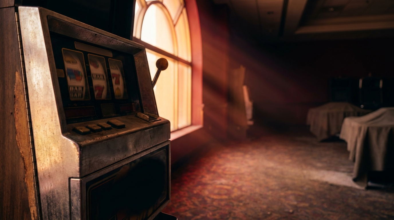 Antique slot machine in dimly lit room with sunlight filtering through arched window