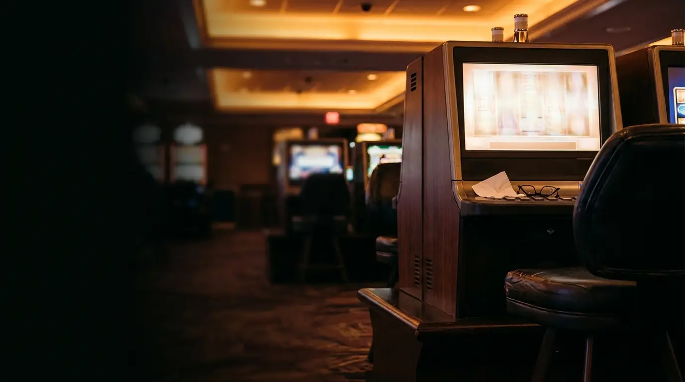 Slot machine with glasses and paper on seat in dimly lit casino setting