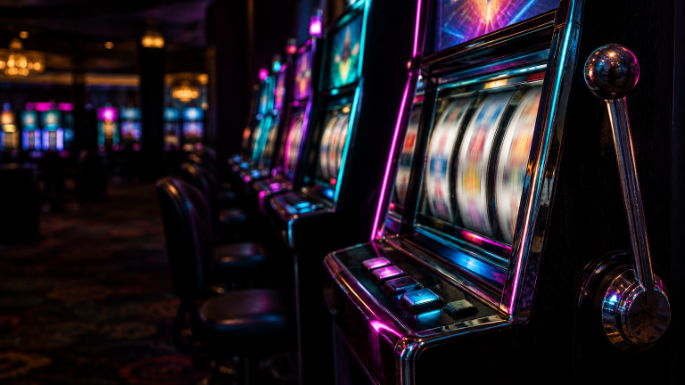 Slot machines with colorful lights in a dimly lit casino setting