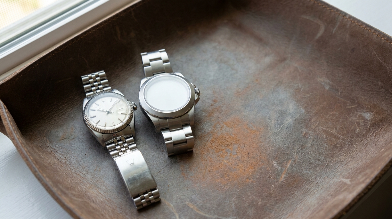 Two silver wristwatches with metal bands in a rustic leather tray near window